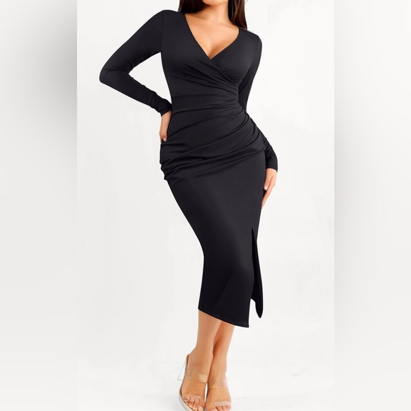 Popilush Dresses & Skirts - POPILUSH Shapewear Ruched Long Sleeve Faux Wrap Slimming Midi Dress EUC